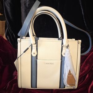 Calvin Klein Beckah Satchel White Blue Pebbled Faux Leather Crossbody